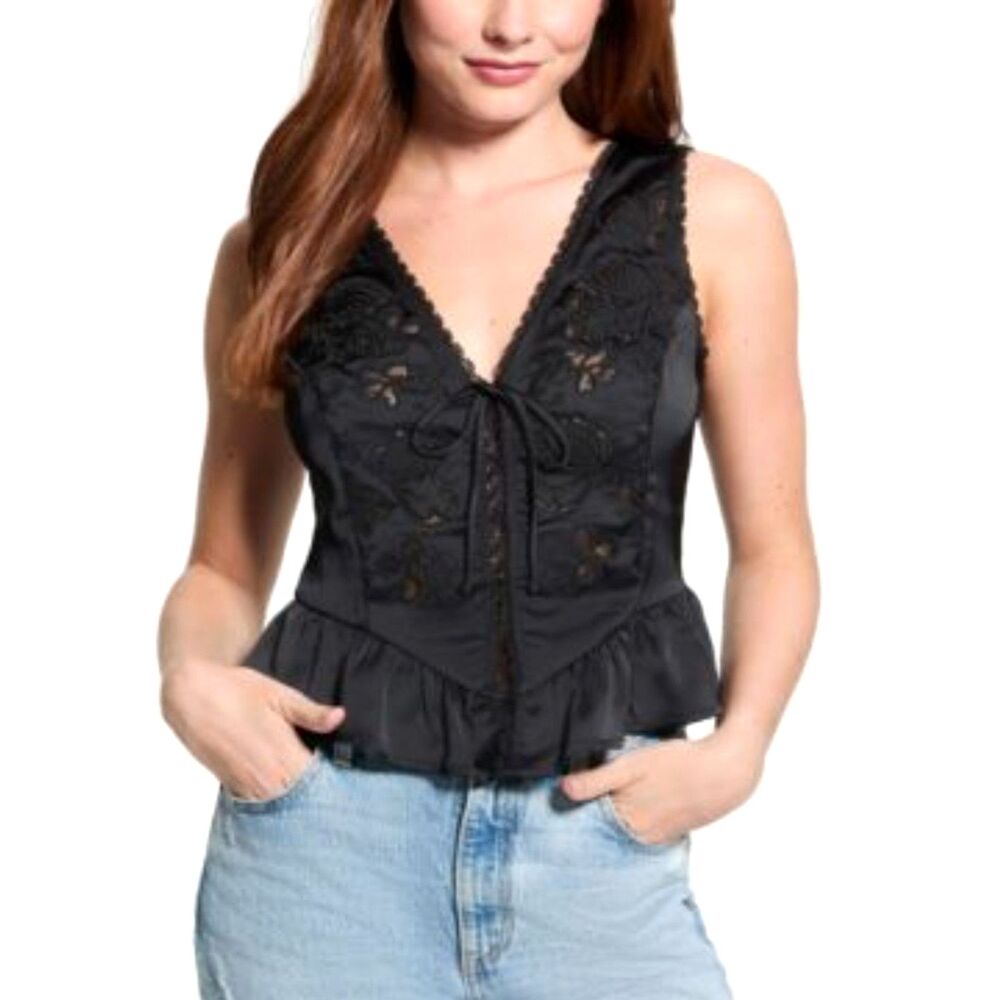 GUESS Embroidered Satin Peplum Top Corset/Bustier Vest Womens Medium Black